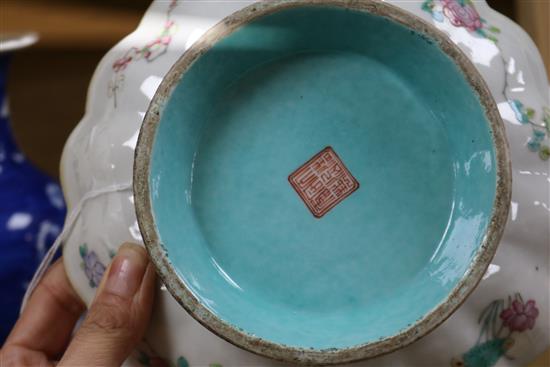 Two Chinese famille rose footed dishes, Tongzhi mark and period (1862-74), diameter 19.5cm
